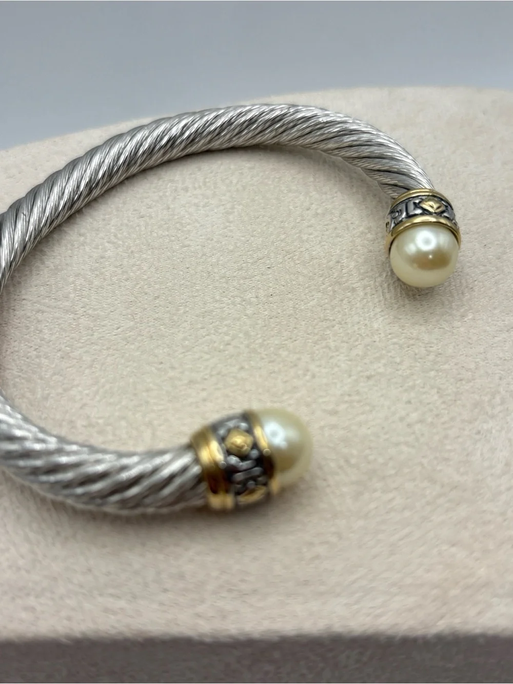 John Medeiros Cuff Bracelet with Pearl Caps and Gold Accents - Silver and Cream